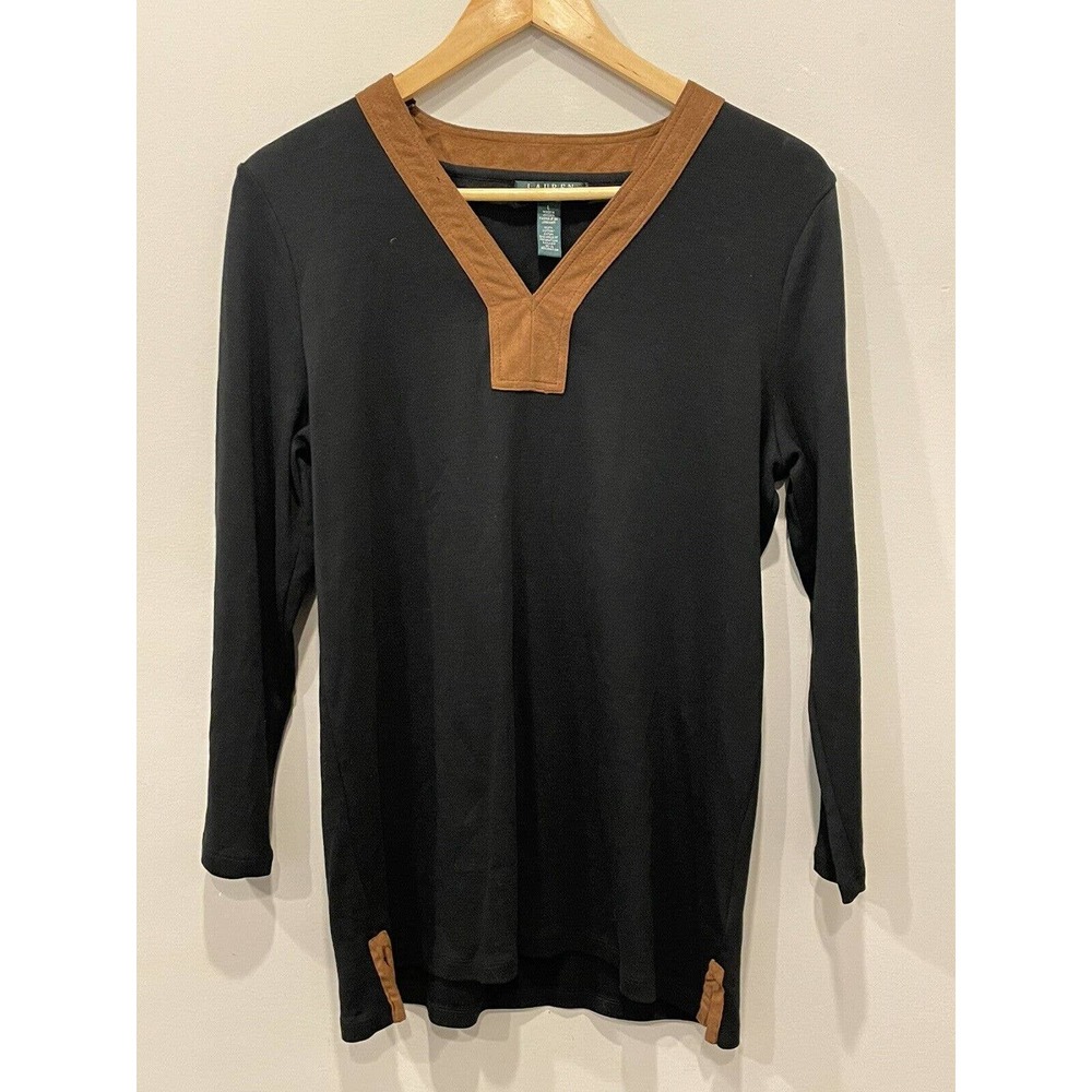 Lauren Ralph Lauren Tunic Pullover Faux Leather Trim V Neck Womens Large EUC